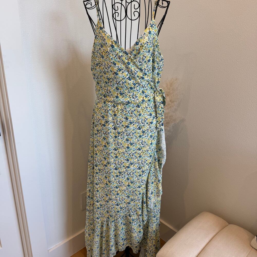Altar'd State Yellow/Blue Floral Ruffle Faux Wrap V-Neck Cottage Maxi Dress- L